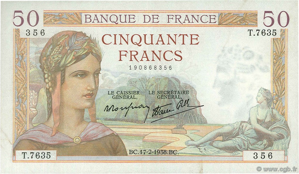50 Francs CÉRÈS modifié FRANCE  1938 F.18.09 TTB à SUP