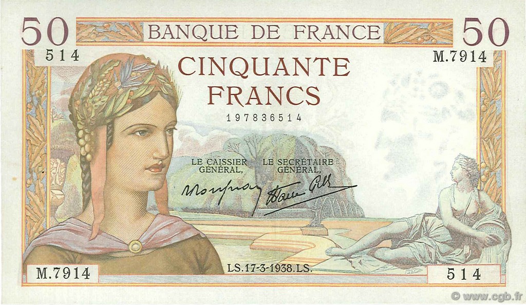 50 Francs CÉRÈS modifié FRANCE  1938 F.18.10 pr.SUP