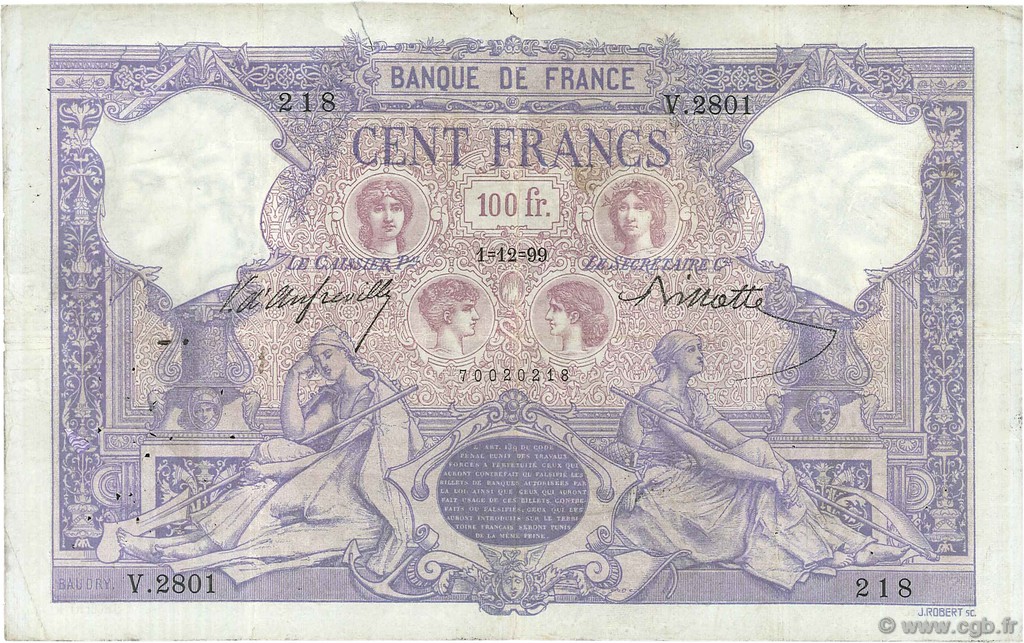 100 Francs BLEU ET ROSE FRANCE  1899 F.21.12 B+