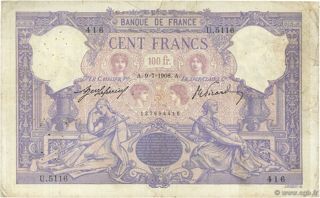 100 Francs BLEU ET ROSE FRANCE  1908 F.21.23 TB+