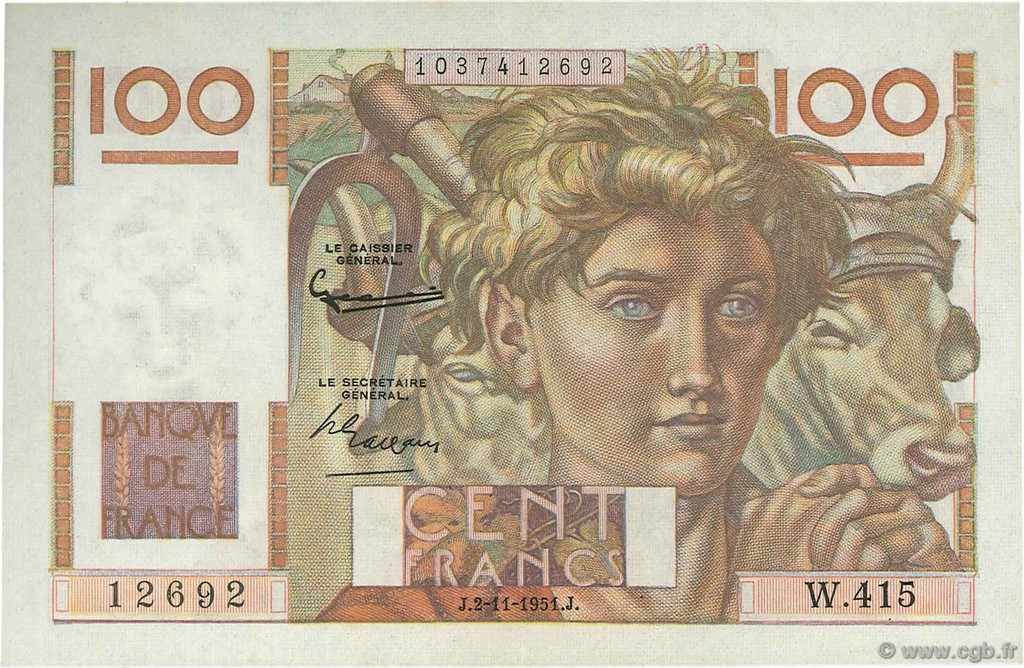 100 Francs JEUNE PAYSAN FRANCE 1951 F.28.30 SPL