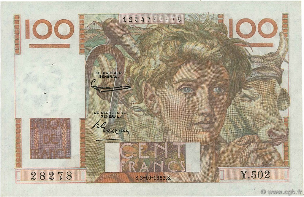 100 Francs JEUNE PAYSAN filigrane inversé FRANCE  1952 F.28bis.01 pr.SUP