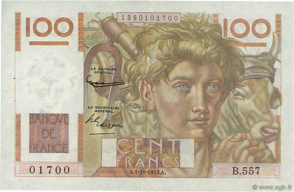 100 Francs JEUNE PAYSAN filigrane inversé FRANCE  1953 F.28bis.03 SUP