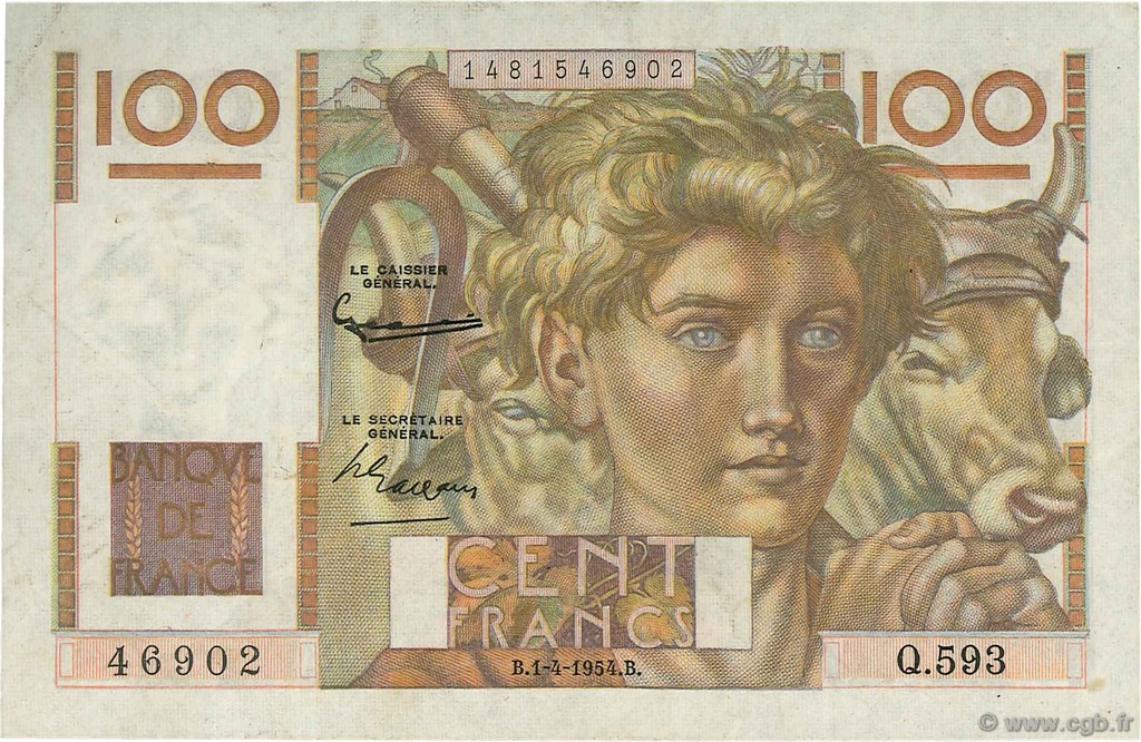 100 Francs JEUNE PAYSAN filigrane inversé FRANCE  1954 F.28bis.06 TTB