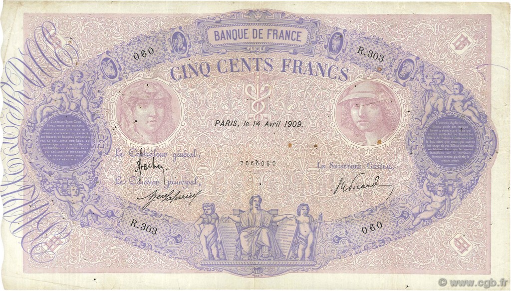 500 Francs BLEU ET ROSE FRANCE  1909 F.30.17 TB+