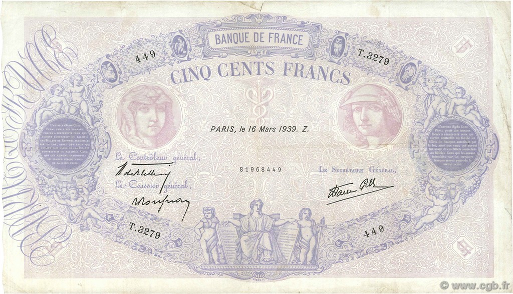 500 Francs BLEU ET ROSE modifié FRANCE  1939 F.31.27 TTB