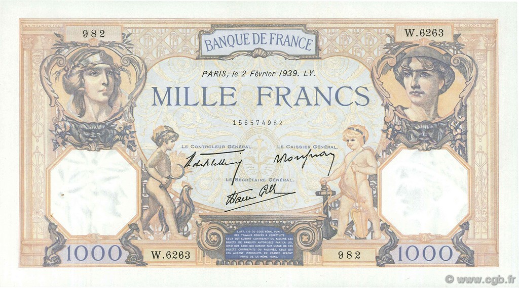 1000 Francs CÉRÈS ET MERCURE type modifié FRANCE  1939 F.38.34 SUP à SPL