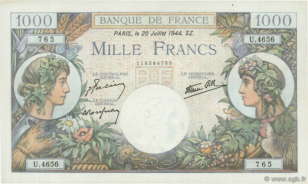 1000 Francs COMMERCE ET INDUSTRIE FRANCE  1944 F.39.12 SUP à SPL