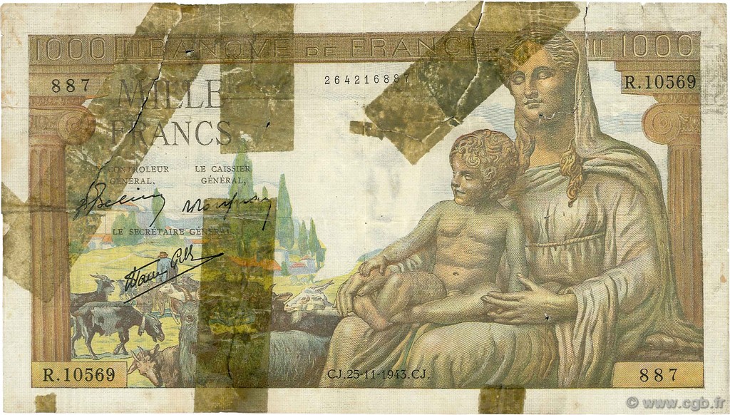 1000 Francs DÉESSE DÉMÉTER FRANCE  1943 F.40.41 AB