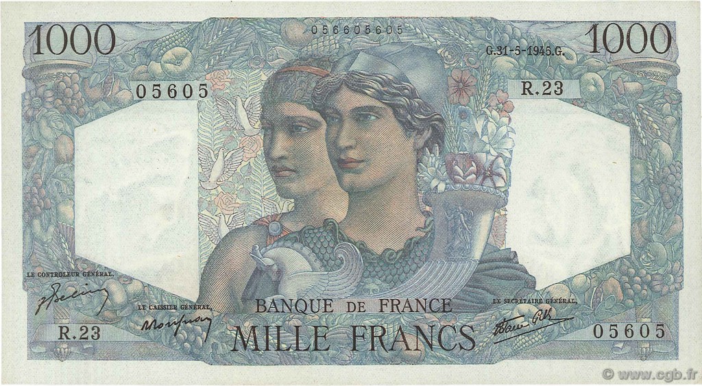 1000 Francs MINERVE ET HERCULE FRANCE  1945 F.41.03 pr.NEUF