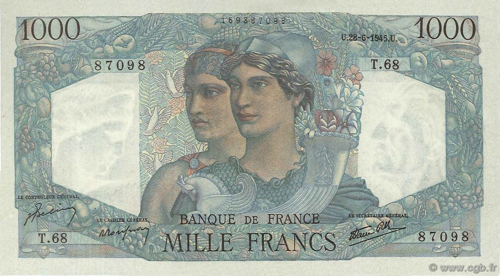 1000 Francs MINERVE ET HERCULE FRANCE  1945 F.41.05 NEUF