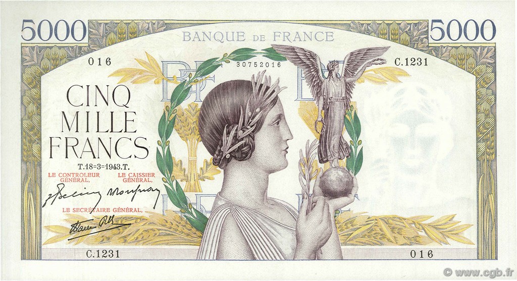 5000 Francs VICTOIRE Impression à plat FRANCE  1943 F.46.49 SPL