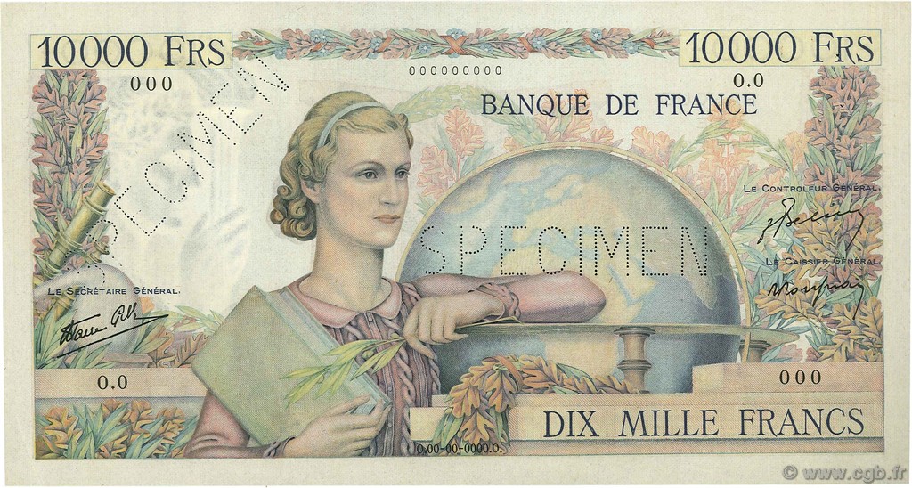 10000 Francs GÉNIE FRANÇAIS FRANCE  1945 F.50.01Sp SUP+