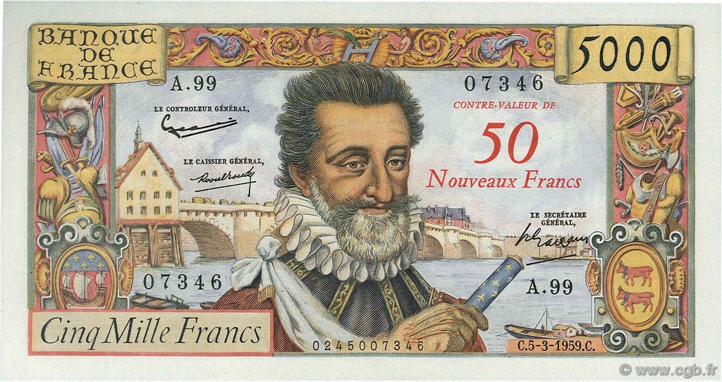 50 NF sur 5000 Francs HENRI IV FRANCIA  1959 F.54.02 EBC+