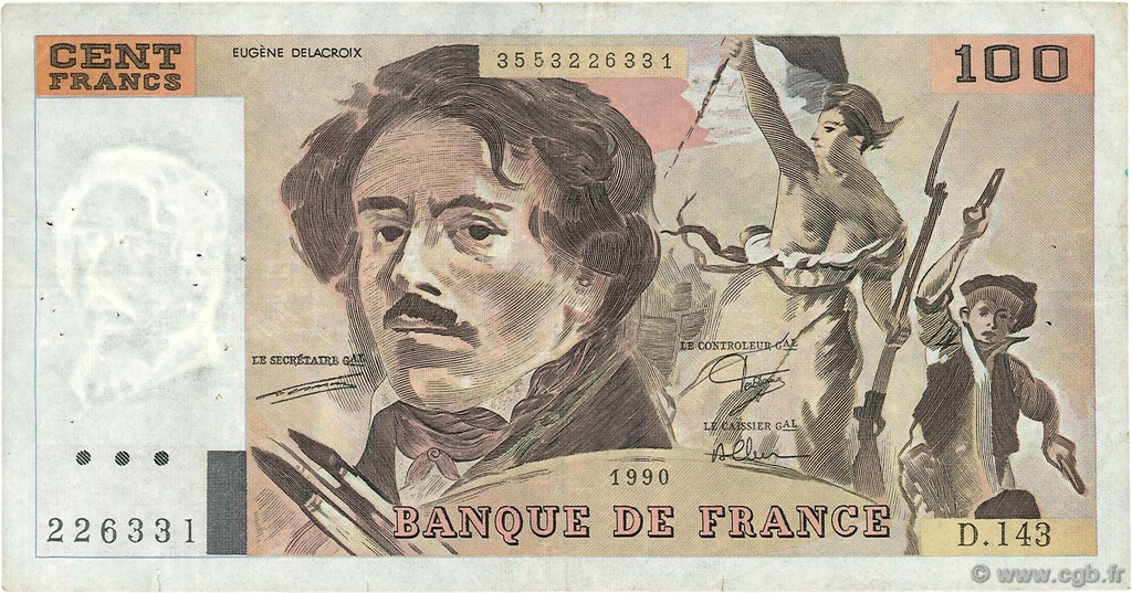 100 Francs DELACROIX imprimé en continu FRANCE  1990 F.69bis.01bD TB+