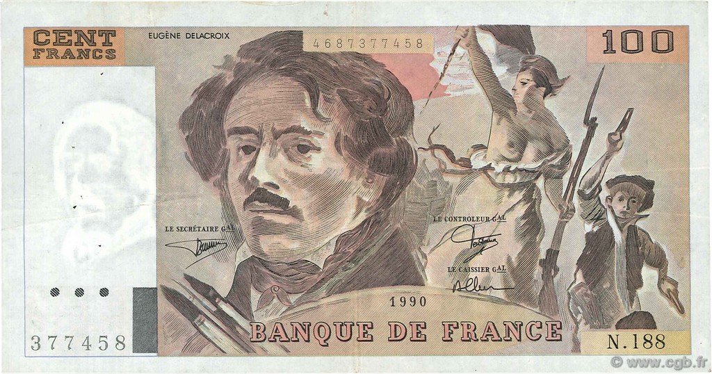100 Francs DELACROIX imprimé en continu FRANCE  1990 F.69bis.02e1 TTB