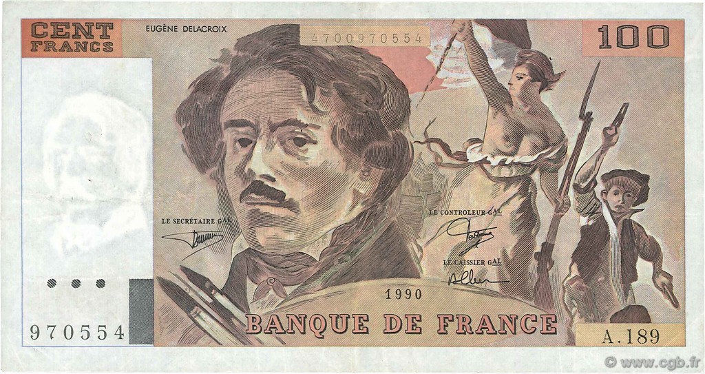 100 Francs DELACROIX imprimé en continu FRANCE  1990 F.69bis.02e2 TTB