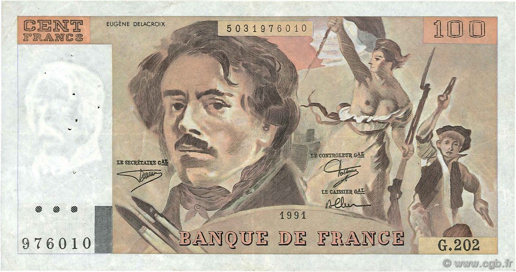 100 Francs DELACROIX imprimé en continu FRANCE  1991 F.69bis.03c1 TB à TTB