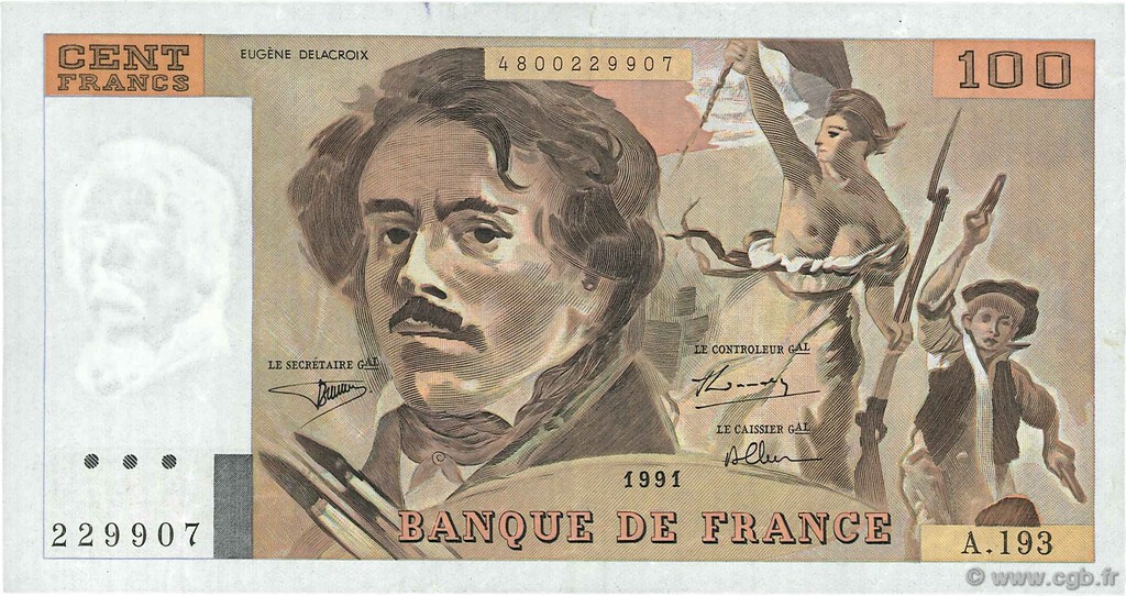 100 Francs DELACROIX imprimé en continu FRANCE  1991 F.69bis.04a VF+