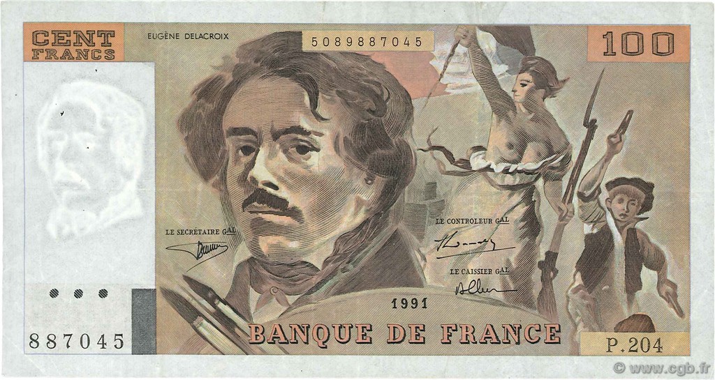 100 Francs DELACROIX imprimé en continu FRANCE  1991 F.69bis.04b TTB+