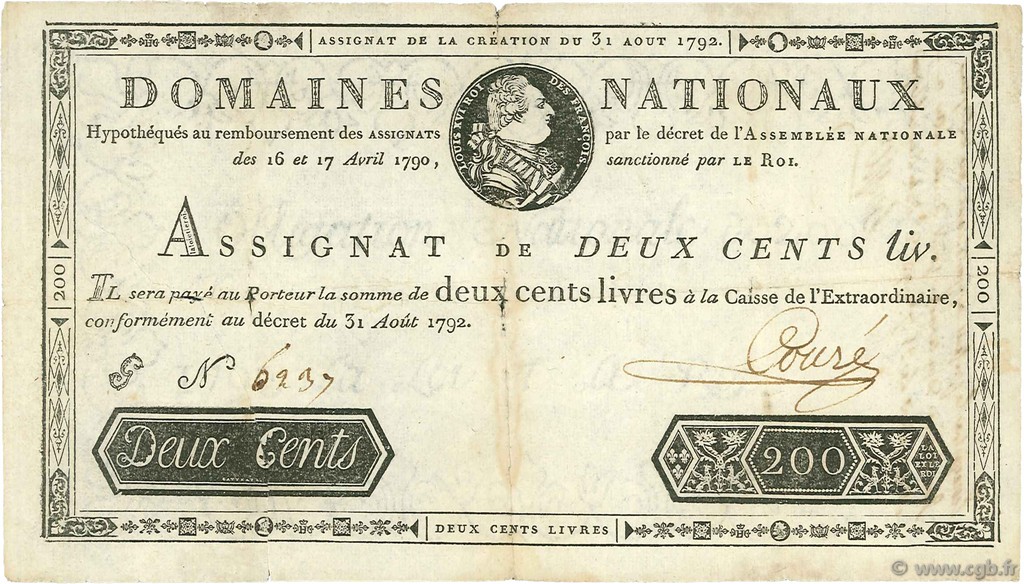 200 Livres FRANCE  1792 Ass.33a pr.TB