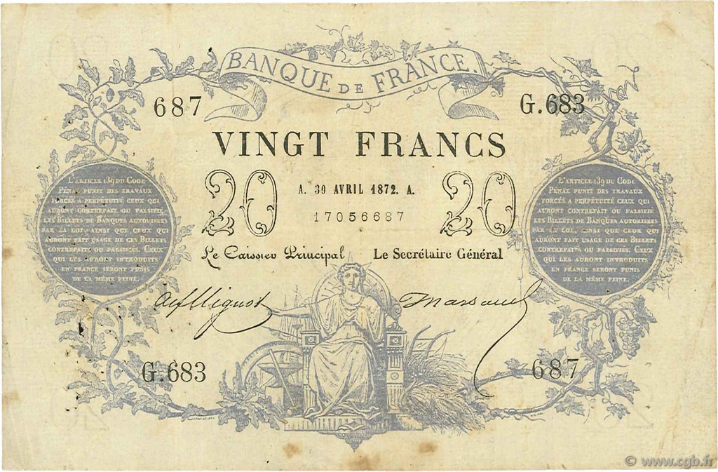 20 Francs type 1871 FRANCE  1872 F.A46.03 TB+