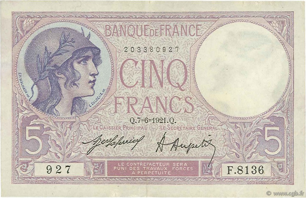 5 Francs FEMME CASQUÉE FRANCE  1921 F.03.05 pr.SUP
