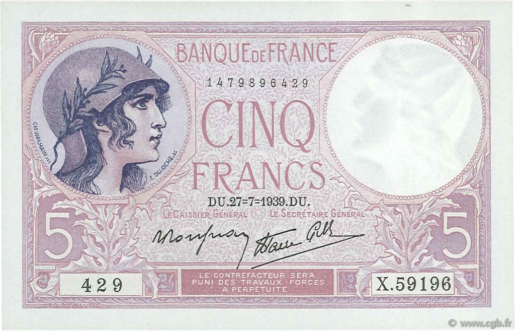 5 Francs FEMME CASQUÉE modifié FRANCE  1939 F.04.03 NEUF