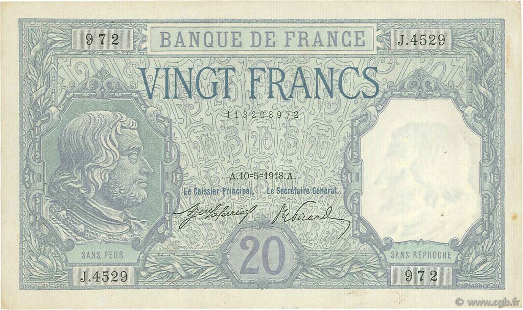 20 Francs BAYARD FRANCE  1918 F.11.03 TTB+