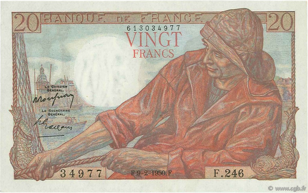 20 Francs PÊCHEUR FRANCE  1950 F.13.17 pr.SPL