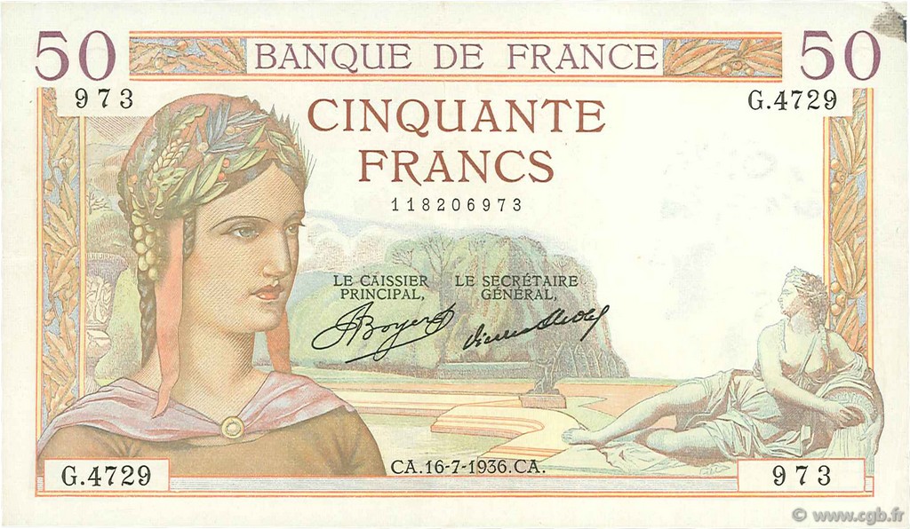 50 Francs CÉRÈS FRANCE  1936 F.17.28 pr.SUP