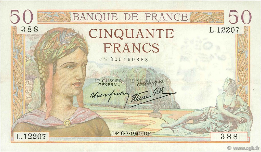 50 Francs CÉRÈS modifié FRANCE  1940 F.18.38 TTB à SUP