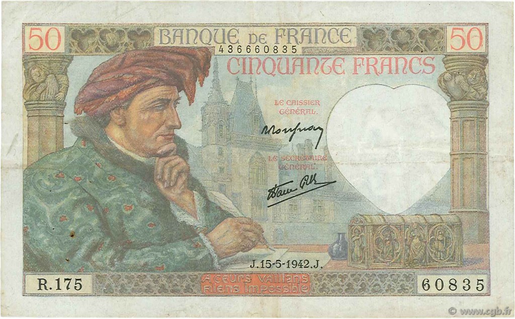 50 Francs JACQUES CŒUR FRANCE  1942 F.19.20 TTB