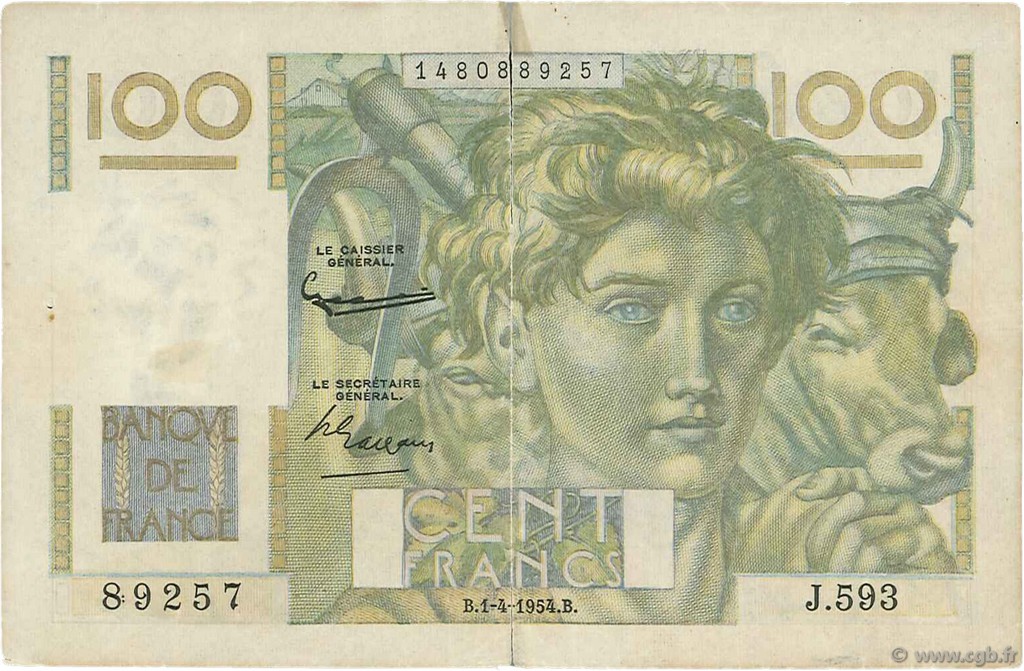 100 Francs JEUNE PAYSAN filigrane inversé FRANCE  1954 F.28bis.06 B