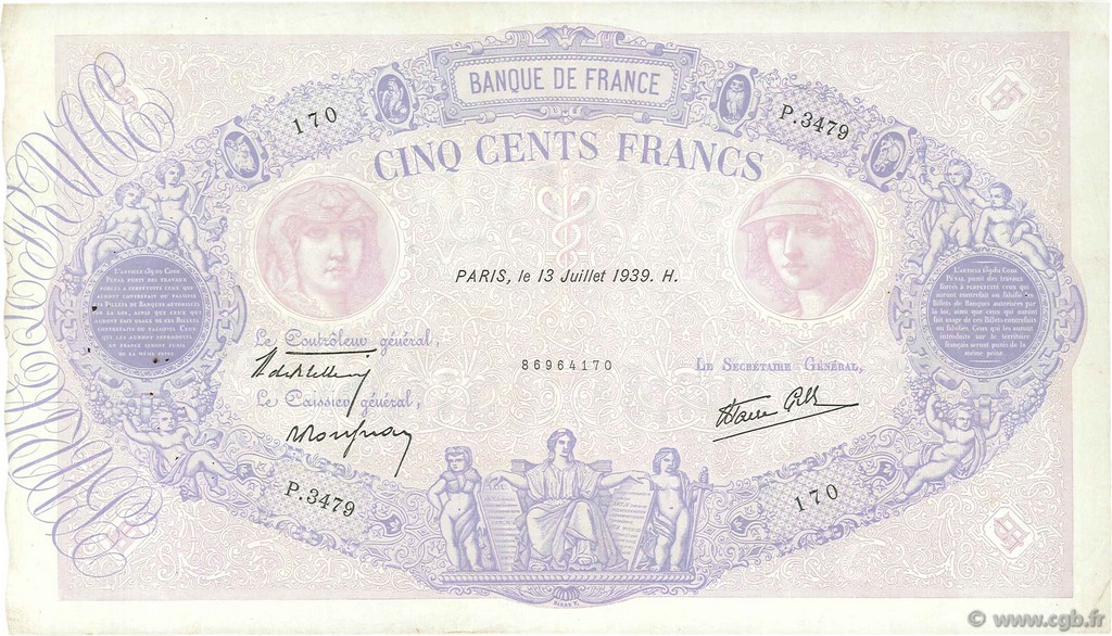 500 Francs BLEU ET ROSE modifié FRANCE  1939 F.31.36 TTB