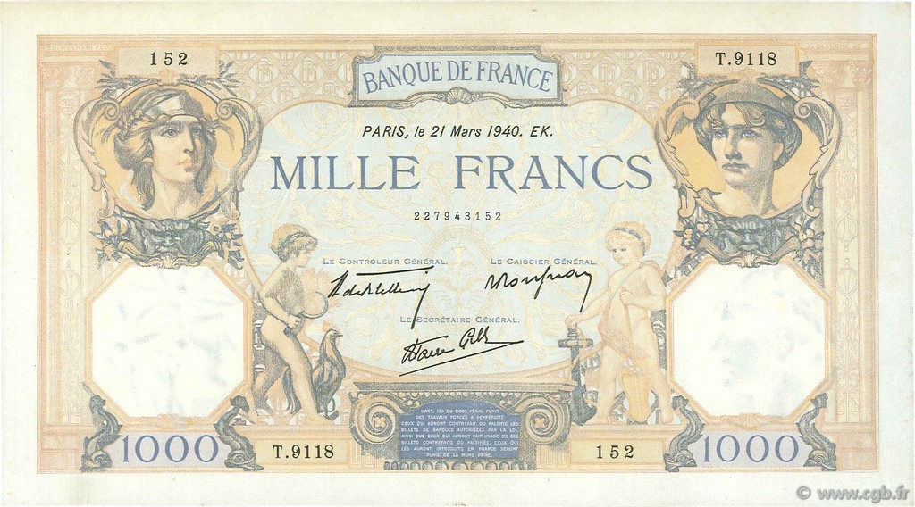 1000 Francs CÉRÈS ET MERCURE type modifié FRANCE  1940 F.38.44 SUP