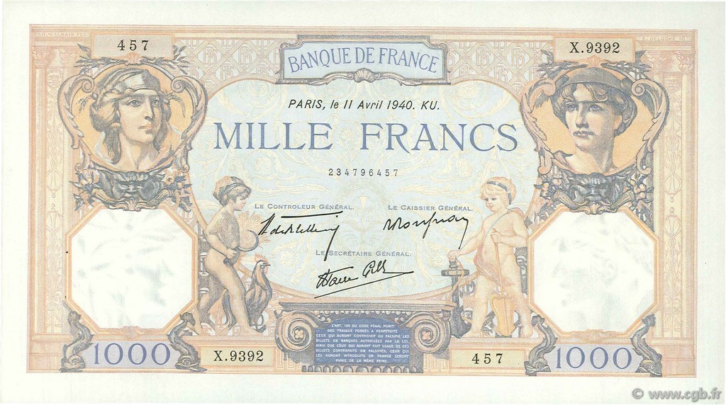 1000 Francs CÉRÈS ET MERCURE type modifié FRANCE  1940 F.38.45 SUP