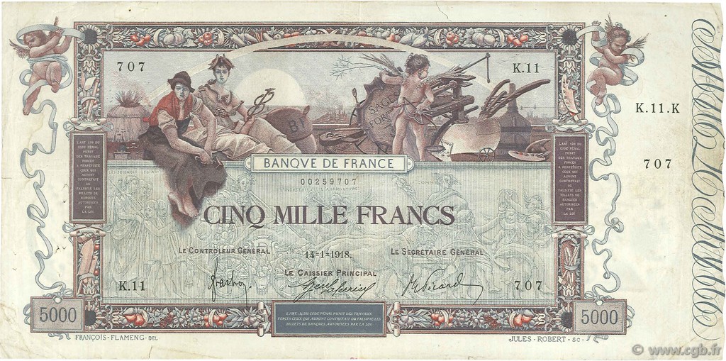 5000 Francs FLAMENG FRANCE  1918 F.43.01 pr.TTB