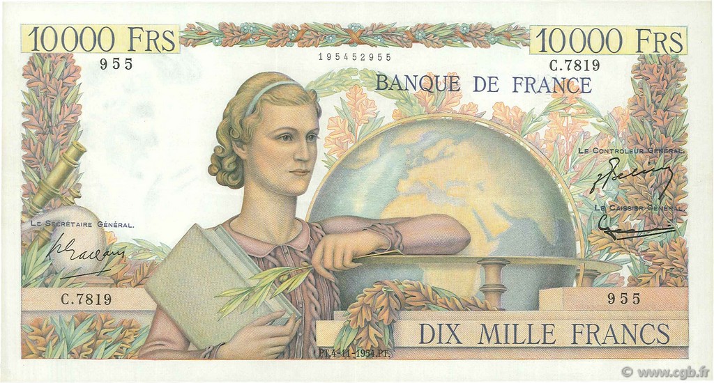 10000 Francs GÉNIE FRANÇAIS FRANCE  1954 F.50.72 TTB+