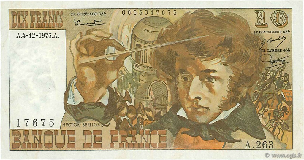 10 Francs BERLIOZ FRANCE  1975 F.63.15 VF+