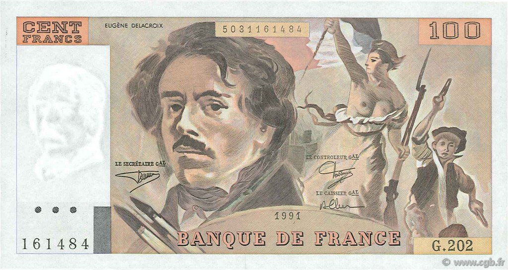 100 Francs DELACROIX imprimé en continu FRANCE  1991 F.69bis.03c1 SPL