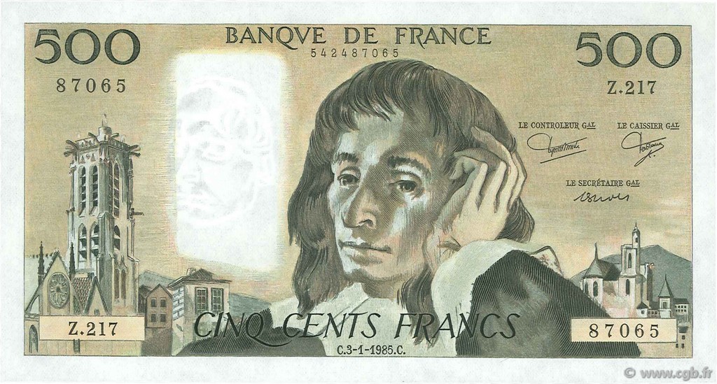 500 Francs PASCAL FRANCE  1985 F.71.32 pr.NEUF