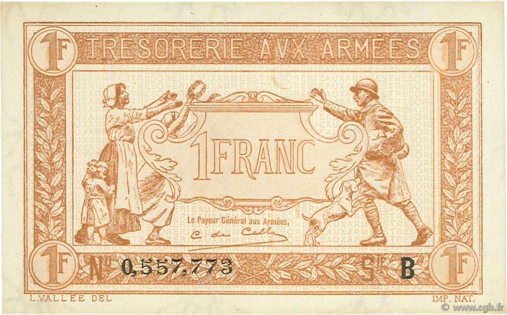 1 Franc TRÉSORERIE AUX ARMÉES 1917 FRANCE  1917 VF.03.02 NEUF