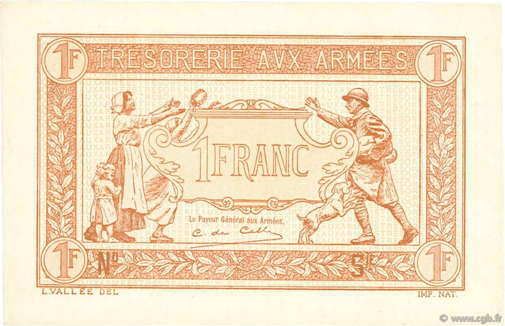 1 Franc TRÉSORERIE AUX ARMÉES 1917 FRANCE  1917 VF.03.00Ec NEUF