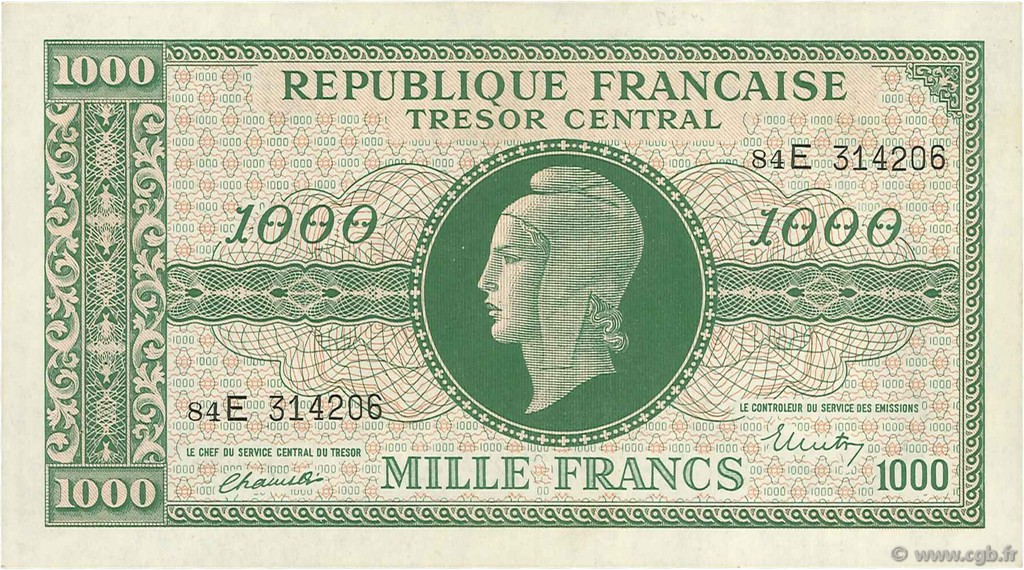 1000 Francs MARIANNE Chiffres maigres FRANCE  1945 VF.13.02 SUP+
