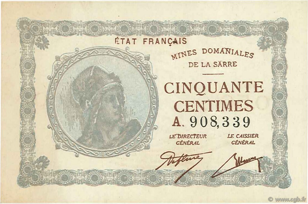 50 Centimes MINES DOMANIALES DE LA SARRE FRANCE  1920 VF.50.01 SUP+