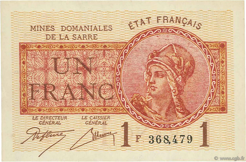 1 Franc MINES DOMANIALES DE LA SARRE FRANCE  1920 VF.51.06 NEUF