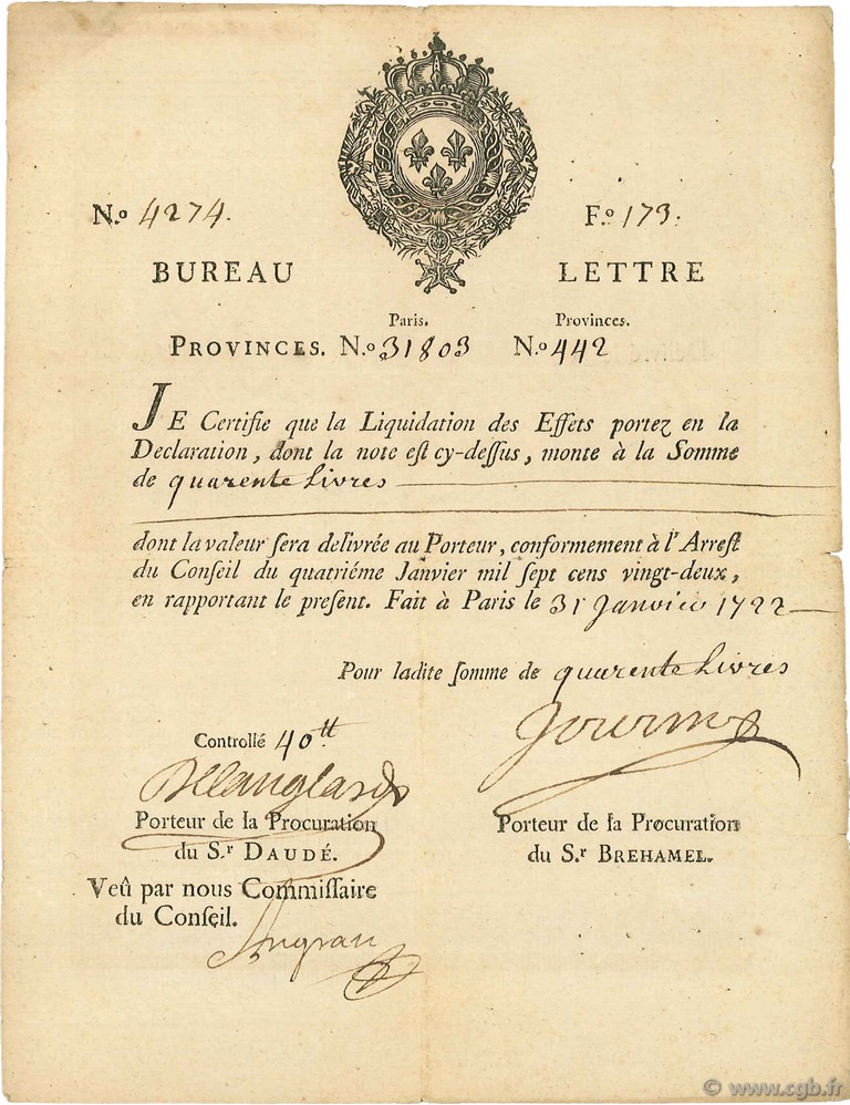 40 Livres FRANCE  1722 Laf.-- TTB