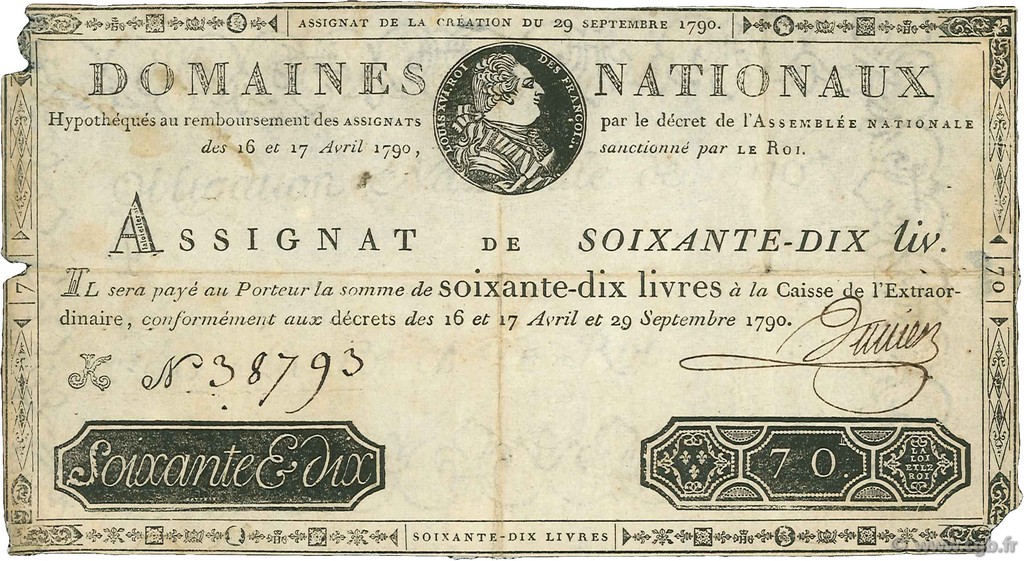 70 Livres FRANCE  1790 Ass.06a TB