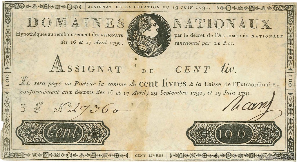 100 Livres FRANCE  1791 Ass.15a TB+